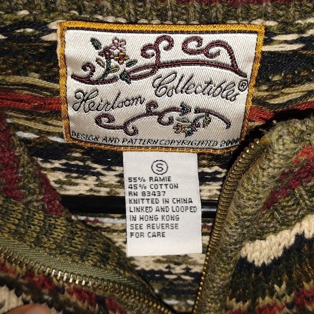 Olive Green Vintage Cotton Blend Heirloom Collectibles Zip up Cardigan Sweater S - Picture 4 of 5